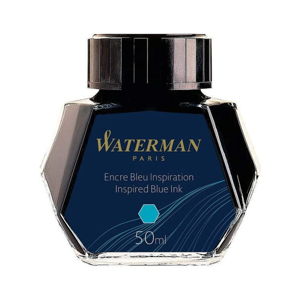 Waterman Inspired Blue – 50ml Ink Bottle Like the tranquil echo of a dream, Serenity Blue brings peacefulness to the page, ready to awaken pleasant thoughts. Make your special touch as unique as your Waterman. Choose your ink to match your inspiration, and to flow as freely as your ideas. Ink Colour : Blue (Inspired Blue) Ink Composition : Dye-Based Waterman Intense Black ink comes in a multi faceted 50-ml. ink bottle. The nine-sided ink bottle is very unique to Waterman inks and allows the user to grasp each remaining drop of ink. Made in France