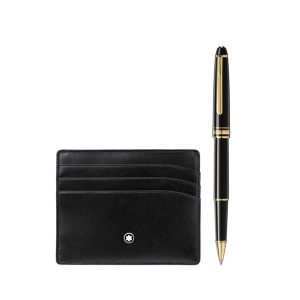 The Meisterstück Classique in deep black precious resin with elegant gold-coated details, surmounted by the white Montblanc emblem, evolves into a distinctive design icon. Exclusively packed as a set with a Pocket Holder 6cc made of black European cowhide. Gift Set Black Platinum-coated clip with individual serial number Black precious resin Black precious resin inlaid with Montblanc emblem Bovine leather Full-grain cowhide with Montblanc deep shine, chrome-tanned, dyed through Jacquard lining with Montblanc brand name Made in Germany