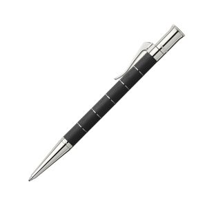 Propelling ball pen Anello Ebony Rings in different sizes, created using delightfully contrasting materials, are the core elements of the Classic Anello (Italian for "ring") series. The barrel is made of several segments of Grenadilla wood or precious resin, between which fine, platinum-plated rings have been placed in filigree detail. Contrasting materials are combined to create a harmonious, timeless design that perfectly reflects the name of this Graf von Faber-Castell series - after all, the ring has always been a symbol of unity and eternal bond. Barrel made of Ebony-coloured precious resin segments, into which fine platinum-plated rings are incorporated Platinum-plated metal parts Solid, spring-loaded clip Black, large capacity refill in international standard size Line width B Document-proof Elegant, wooden gift box included Country of Origin : Germany