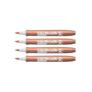 Artline Decorite brush style - Suitable for use on most surfaces. Ideal for decorating, colouring and layering. Perfect on dark coloured card and paper, wood, ceramic, porcelain, metal, plastic, chalkboards and many more. Nib Type || Brush - Easily eraser on a non-porous surface - Water-Based & fade resistant Ink, Acid-free - Xylene-free ,Water-based pigment ink marker. Item Code : EDFM-F (Metallic Bronze) Brush style (Flexible) Water-based pigment ink marker Pigment ink is acid free, fade resistant For decorating and writing on card, glass, porcelain, metal and plastic.