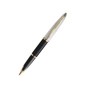 The Waterman Carène Deluxe Fountain Pen takes its inspiration from luxury boat design and is crafted in noble materials, with an artist’s attention to detail. Set a course for success and make each and every writing task a thoroughly first-class experience with this quintessentially Parisian design. Each luxury pen is crafted in France and presented in a premium Waterman gift box.  Smooth and sleek, deep black lacquer barrel for a distinctly pleasurable writing experience Jewel-like chiselled silver-plated cap, golden trim and 23-karat gold clip for luxurious, vibrant style Taking its cue from the majestic bow of a ship, the integrated highly polished 18-karat solid gold nib boasts a sophisticated curved design to glide effortlessly across the page Meticulously crafted in France to enhance your signature style Presented in a premium dark blue Waterman gift box with a Converter; ideal for marking momentous occasions