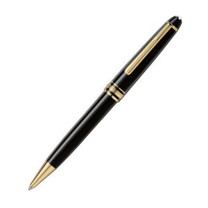 This classique Montblanc 164 Meisterstück ballpoint pen uses a twist mechanism to operate the pen. Measuring 14 cm long it is ideal for a lady or gentleman to use. The barrel and cap are made of black precious resin, the top of the cap is inlaid with the Montblanc emblem representing the snow capped peak of the Mont Blanc mountain. The pens clip with individual serial number and three rings engraved with Montblanc brand name are gold-plated. The Meisterstück Classique ballpoint pen comes presented in its own Montblanc presentation box with completed international two year warranty booklet. Montblanc Meisterstück 164 ballpoint pen with twist mechanism Barrel: Black precious resin Cap: Black precious resin inlaid with Montblanc emblem Trim: Three gold-plated rings embossed with the Mont Blanc brand name Clip: Gold-plated clip with individual serial number Packaging: Presented in its own Montblanc presentation box