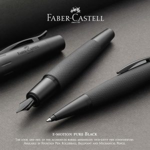 e-motion Pure Black twist pencil, 1.4 mm, black The e-motion, with its dynamic shape and deepest, trendy matt black shade, stirs passion. The look and feel of the masculine aluminium barrel with its guilloche pattern mesmerises pen-connoisseurs. Barrel made of black anodised aluminium With elaborate guilloche engraving End cap and tip made of chrome-plated polished metal Spring-loaded clip made of chrome-plated polished metal Equipped with a twist mechanism for moving the leads forwards Replaceable eraser under the end cap Break-resistant 1.4 mm lead for smooth writing and sketching White gift box with attractive printed slip case