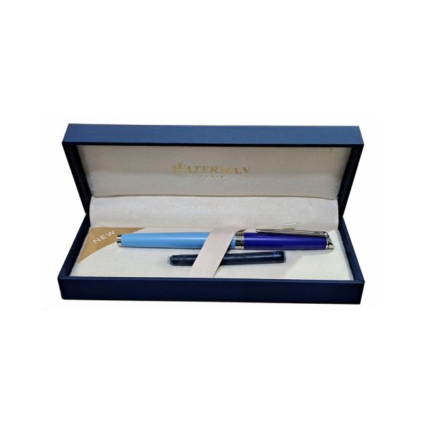 The Waterman Hemisphere Colour Blocking Blue CT Fountain Pen is a stylish and elegant writing instrument. Make a brighter statement with the Hemisphere Colour Blocking. Taking its inspiration from this season’s boldest trend, this fashion forward fountain pen is stylishly finished in two complementary tones of blue. Its striking appeal is set off with the classic Waterman, signature double branched clip and stunning palladium coated trim. An engraved, palladium coated, stainless-steel nib eloquently showcases the iconic looped Waterman ‘W’. India made, this beautiful creation benefits from Waterman inhouse craftsmanship. Waterman Hemisphere Fountain Pen is a presented in a prestige gift box. Deep Blue colour Lacquer coated Light blue barrel with darker blue cap Palladium coated clip and trim It uses standard size converter or cartridges Engraved palladium coated stainless-steel nib - Fine Fountain pen is presented in a beautiful waterman gift box. Country of Origin: India