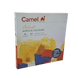 Camel Artists’ Acrylic Colours are soft, creamy and are a golden mean between water colours and oil colours. They can be used directly from the tube, mixed with an acrylic medium or with water. Relief texture can be obtained by the application of thick paint with a palette knife and large areas can be built up without any fear of cracking. The acrylic colours adhere to a great variety of surfaces like canvas, wood and earthenware. A fast, versatile and easy-to-use range of colours that is the perfect creative and artistic outlet for the modern generation. A great new-age range of colours Suitable for artists of all skill levels Compatible with various porous surfaces like primed/unprimed canvas, wood, paper, and more Capable of producing the effects of oil colours, water colours and poster colours Ideal for spontaneous painting with fast drying ability Use for impasto, glazing and wash techniques 100% vegan Shade - Lemon Yellow, Permanent Yellow Deep, Yellow Ochre, Scarlet Lake, Crimson Lake, Cobalt Blue Hue, Prussian Blue, Sap Green, Viridian Hue, Burnt Sienna, Black, Titanium White, Deep Magenta, Phthalo Turquoise, Permanent Orange, Burnt Umber, Raw Sienna, Silver