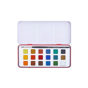 Camlin kokuyo water colour cakes have all the qualities of a superior water colour. They are manufactured under modern processes using pigments which impart maximum degree of lightfastness, transparency and clear tones to the painting. They are available in 18 shades. The most popular painting medium adapted in a convenient and portable package for out of studio use. Creates delicate and light paintings Highly transparent effects High-quality pigment for greater vibrancy and long life Ideal to paint landscapes, floral life studies, portraits, and more 100% vegan 1N Brush Free inside colour box This set contains 18 colour Cakes Shade - Black, Burnt Sienna, Burnt Umber, Cobalt Blue Hue, Crimson, Cerulean Blue Hue, Emerald Green, Gamboge Hue, Lemon Yellow, Light Red, Orange, Raw Umber, Sap Green, Scarlet, Ultramarine Blue, Viridian Hue, White, Yellow Ochre