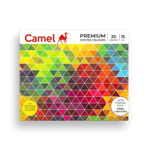 The premium range of Camel Poster Colours are ideal for a smooth matt finish and a completely opaque mass tone. Made from the finest pigments, they give high covering capacity with a brush or a spray gun. They flow easily, dry quickly and evenly and are easy to mix.  One of the oldest painting mediums used by humans, these colours are still able to create the most vibrant artworks. 20 assorted colour in 15ml Bottle in Tin Box Creates bold and solid effects Has a matte and opaque finish Vibrant and highly permanent colours Suitable for photo reproduction (doesn't reflect any light) Very popular range of colours for all forms of design and traditional paintings 100% vegan Shade - Lemon Yellow, Chrome Yellow Medium Hue, Yellow Ochre, Tanjore Gold, Orange, Light Peach, Poster Red, Special Pink, Light Green, Poster Black, Crimson, Violet, Cobalt Blue Hue, Ultramarine Blue, Peacock Blue, Prussian Blue, Olive Green, Poster Green, Burnt Umber, Burnt Sienna, Poster Black, Super White