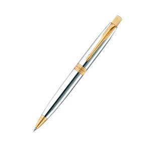 The Parker Aster Shiny Chrome GT Ballpoint Pen is a modern and elegant ball pen from Parker that symbolizes professionalism. Parker Aster Ball Pen With Shiny Chrome Finish Metal Barrel And Gold Plated Trim. A Contemporary & Unique Design Blended Highlighted With A Gold Plated Ring on The Barrel. The ballpoint pen uses Quinkflow ink ballpoint refills, for crisp, steady marks perfect for everyday writing. And with an elegant Parker gift box. Shiny Chrome Finish Metal body Gold Plated Trim with Push-button mechanism Material: Metal Blue Refill has a medium nib with smooth-writing. Ballpoint pen is used with replaceable QuinkFlow refill Compatible Refill: Proprietory Refill This Pen comes packed in a nice and elegant parker gift box