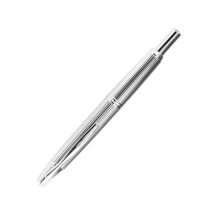 For 100 years, Pilot's creativity has not weakened, and each new look of Capless, its flagship retractable fountain pen, surprises us. The last-born one does not derogate from the repeated successes of the Japanese brand, not only by the refined finish of its particular coating but also by the originality of its relief decoration, long gadrooons shaped one by one. These unexpected curves elegantly highlight the perfection of its pure, timeless line, while giving it a certain softness. The special polishing of its rhodium-plated brass body brings it an unprecedented silvery-pearly appearance, half way between matte and glossy. A luxurious and chicissime version of this major object of High Technology. Product Number - 2051 - FC-2500RR-S-M High shine rhodium plated finish Deep grooved pinstripe design Innovative push-button mechanism retracts and extends nib Sealed chamber protects nib and prevents leaks and drying 18k rhodium plated solid gold nib Fitted with ink converter for use with bottled ink Cartridge cover must be fitted over the cartridge during use Presented in premium Pilot Capless presentation box