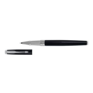 Parker Aster Roller Ball Pen With Lacquer Black Finish Metal Barrel And Chrome Plated Trim. A Contemporary & Unique Design Blended Highlighted With A Chrome Plated Ring On The Barrel. Lacquer Black Finish Metal Barrel Chrome-Plated Trim A Contemporary & Unique Design Chrome Plated Ring On The Barrel Made in India