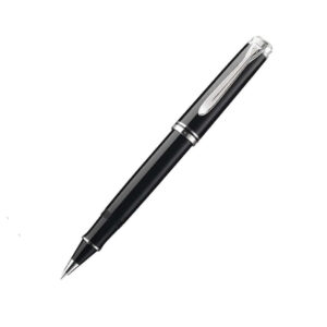 In the year 1929 Pelikan was the first company in the world to introduce the differentiated piston mechanism. This technique causes the spindle inside the fountain pen to turn quicker than the end piece of the barrel, with the help of two different threads. To this date, this fountain pen exists in many different variations, and though it has been developed in design and technical details over time, the basic mechanism remains the same. A black and silver version was launched in 2002, in the style of the black model of the 1980's. With the body also made of high-grade resin, it consists of a transparent green view window, too. However, instead of the gold plating, a silver plating give this Souverän pen in black and silver its characteristic, unique splendor. After the tremendous success of the elegant Souverän series 405 and 805 in black-silver, Pelikan has also launched the popular size 605 as a special edition.  Black Resin Made of High Quality Resin Palladium plated application and pelikan beak shape clip. Material: Resin Rollerball pen has a medium nib with smooth-writing. One back high-performance rollerball refill 338 M included (#922179) Roller Ball Pen comes with a luxury Pelikan gift box Brand Origin: Germany