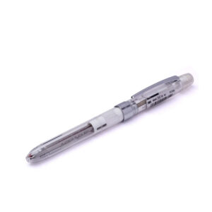 ELE 001 CLEAR. The small PENAC office for on the road. Of course also with the 360° twist mechanism. Translucent ABS barrel for demanding users. The reusable pen in 3 fresh colours with silver-coloured elements. A great companion and eye-catcher on any desk. Whether university, school or office. Non-everyday in any case. With its 2 integrated ballpoint pens and mechanical pencil, with eraser hidden under the cap, it is multifunctional. Not only for pupils and students. Packed in a transparent box, a great gift for all those who are looking for something different. For this very reason, all refills are of course interchangeable. How this works is explained in the enclosed instructions. Body colour transparent 360° rotating mechanism in both directions Visible mechanism due to transparent body Robust ABS barrel 2 ballpoint pens 0.7mm blue/red writing 1 mechanical pencil 0.5mm incl. 2 leads High quality PVC & latex free eraser Silver metal clip & ring Silver metal cap with safety hole Blue ink document-proof according to DIN ISO 12757/2 All refills refillable incl. transparent gift box with instructions for refill exchange