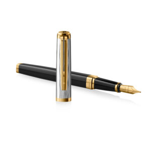 The Waterman Exception's black lacquer barrel and gold-coated trims encapsulate the romantic mood of a Parisian night sky over the golden glow of the city's cafes and streetlights, whilst the exquisite, Palladium-coated cap with chiselled wave pattern perfectly captures the spirit of the undulating waves of the gently-flowing Seine River. The 18K gold nib complements classic Waterman features such as the signature two-prong clip and looped ‘W’. Every pen is meticulously hand-assembled in France, showcasing Waterman’s Gallic savoir-faire. The unique, squared shape and intense black lacquer barrel combine with the exquisite, Palladium-coated cap with chiselled wave pattern, evoking the mesmerising reflections of a Parisian night on the River Seine. The intense, black lacquer barrel and gold-coated trims capture the romance of a Parisian night sky over the golden glow of the city's cafes and streetlights. The 18K Gold, Fountain Pen Nib features the classic Waterman Globe design, enhancing the pen's sophisticated elegance. Meticulously hand-assembled in France, every Reflections of Paris pen benefits from 140 years of craftmanship and experience in fine pen making, showcasing Waterman’s Gallic savoir-faire. Cartridge/converter fill Beautifully presented in a Waterman Prestige Gift Box featuring a mesmerising wave pattern to complement this deluxe collection. Brand Origin: France