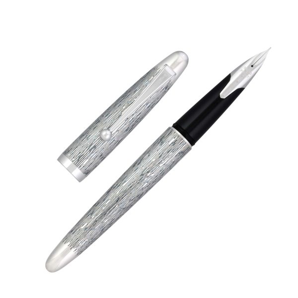 The Pilot Sterling Silver Tsumugi CT Fountain Pen is a handcrafted from genuine sterling silver. Each pen is engraved with an exquisite detailed design, a symbol chosen by Pilot to reflect an important facet of Japanese culture. “Tsumugi” has a pattern that is based on a piece of silk fabric. This fountain pen features a rhodium-plated 18k gold inlaid nib. A CON-40 converter is included with each pen, but they will also accept Pilot proprietary ink cartridges. The snap cap secures the pen when not in use and although it’s a bit heavy, it will post to make a nicely balanced pen when writing. The overall weight of a pen in the Sterling collection is around 34 grams, making it fairly comparable to the Pilot Metal Falcon. While tarnishing may be a concern given the material of the pen, the included polishing cloth will ensure easy, convenient cleaning of the pen body to keep away blemishes. The design on each pen will not hinder this cleaning either and allows for thorough, complete polishing. Model : FK5MSTUMINT Made From 925 Sterling Silver barrels and caps with Tsumugi Pattern Material: 925 Silver Snap Cap with Silver Plated trim Fountain pen comes with a Pilot CON-40 converter Nib : 18kt Gold Rhodium-plated inlaid nib Fountain pen is presented in a beautiful Pilot gift box. Brand Origin: Japan