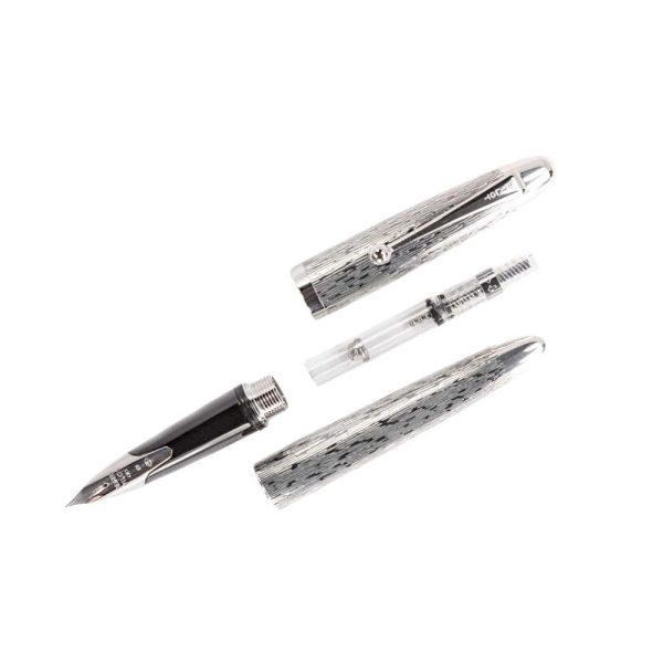The Pilot Sterling Silver Tsumugi CT Fountain Pen is a handcrafted from genuine sterling silver. Each pen is engraved with an exquisite detailed design, a symbol chosen by Pilot to reflect an important facet of Japanese culture. “Tsumugi” has a pattern that is based on a piece of silk fabric. This fountain pen features a rhodium-plated 18k gold inlaid nib. A CON-40 converter is included with each pen, but they will also accept Pilot proprietary ink cartridges. The snap cap secures the pen when not in use and although it’s a bit heavy, it will post to make a nicely balanced pen when writing. The overall weight of a pen in the Sterling collection is around 34 grams, making it fairly comparable to the Pilot Metal Falcon. While tarnishing may be a concern given the material of the pen, the included polishing cloth will ensure easy, convenient cleaning of the pen body to keep away blemishes. The design on each pen will not hinder this cleaning either and allows for thorough, complete polishing. Model : FK5MSTUMINT Made From 925 Sterling Silver barrels and caps with Tsumugi Pattern Material: 925 Silver Snap Cap with Silver Plated trim Fountain pen comes with a Pilot CON-40 converter Nib : 18kt Gold Rhodium-plated inlaid nib Fountain pen is presented in a beautiful Pilot gift box. Brand Origin: Japan