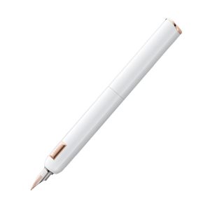 LAMY dialog cc is a capless fountain pen with a noble look. Based on the innovative technology of the LAMY dialog, the cc version was redesigned with a shortened upper part with a refined closing plaque and roller brake instead of the clip. This compact format also conceals the worldwide unique rotating mechanism for extending and retracting the nib. With its platinum and rose gold finish, this new gold nib gives the LAMY dialog cc an even more emotional look. Fountain pen with twist-action mechanism / shiny white lacquer finish / details plated with rose gold / gold nib 14 ct. bi-colour rosegold, partially platinum / with pack of LAMY T10 blue and converter LAMY Z27/ Gift box with leather case Part No. 4034405