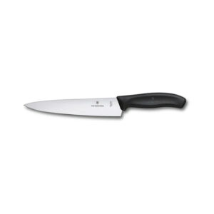 Chef’s Knife for Smooth and Uniform Cuts Chef’s Knives are designed to stand up to anything on your cutting board. Their ergonomic handles and balanced design make carving a breeze. Their blades are thin and sharp so you can slice as thin as you like and as consistently as you need. Meats of any cut, fruits and vegetables in all shapes and sizes – cut them all with grace and precision. Product Code : 6.8003.19B SWISS MADE CARVING KNIFE – The Victorinox Swiss Classic Carving Knife makes the laborious task of carving large joints and cuts of meat easier. Whether you are dicing a pork shoulder or slicing through roast beef or a steak, this kitchen tool ensures effortless chopping. ULTRA SHARP STAINLESS STEEL BLADE – The 19 cm high-carbon blade with a Straight edge is wear-resistant and cuts cleanly through all types of food. Made from Stainless Steel, all Victorinox kitchen knives are corrosion resistant and tough – ensuring long-term durability. COMFORTABLE GRIP – The Thermoplastic elastomers (TPE) handle is slip-resistant and features ergonomic design, shaped for ultimate comfort and usability. Made from Polypropylene, the handle is durable and well-suited for long-use by both professional chefs and home cooks. 140+ YEAR OLD SWISS COMPANY: Established in 1884, Victorinox is an authentic Swiss brand with a rich history and heritage. In addition to its iconic pocket knives, Victorinox produces premium household and professional knives, watches and travel gear. Masterfully crafted, all Victorinox products embody the brand values of functionality, innovation, iconic design and uncompromising quality and ensure the customers are always best prepared for life’s everyday challenges.