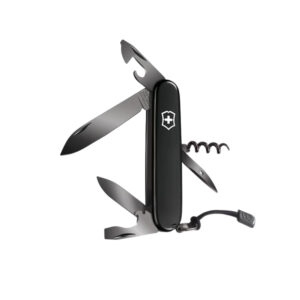 Monochrome Black Pocket Knife We’ve given our iconic pocket knife a glossy makeover, raising its style game to new heights: meet the lustrous Spartan Onyx Black. Thanks to a special polispectral process, the monochrome black finish not only looks timelessly classy, it’s extra durable, too. This sleek knife combines exceptional multifunctionality to tackle DIY or picnic tasks with charisma and depth. Product Code : 1.3603.31P Toothpick / Tweezers / Lanyard / Key ring / Corkscrew / Reamer, punch and sewing awl / Bottle opener / Can opener / Blade, small / Blade, large Essential tool for everyday tasks in a monochrome black finish Swiss made pocket knife with 13 functions Features include corkscrew, wire stripper and bottle opener Victorinox AG guarantees all knives and tools to be of first class stainless steel and also guarantees a life time against any defects in material and workmanship. Damage caused by normal wear and tear misuse or abuse are not covered by this guarantee.