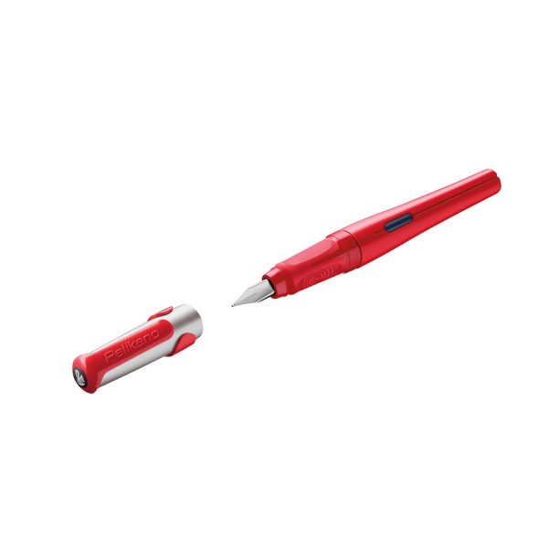 The new Pelikano!  The further development of the popular school fountain pen, New, shiny colors in red, blue, green and black, High-quality, stainless steel nib with an iridium point, Cartridge filling system for all standard cartridges and large-capacity cartridges. The new ink viewing window provides ideal monitoring of the ink level. Red Colour  New front piece in the color of the barrel High-quality metal cap with a roll-away protection Trendy design through the shiny surface Wide range of nib sizes: A, F, M, L L Leaf Hander Tried-and-tested gripping zone for effortless writing Special models for left-handers Quality Made in Germany Many years of experience with a mature, reliable product Millions of parents trust the brand, which they used to write with themselves It has already guided millions of students through their everyday life at school Recommended by teachers over many generations